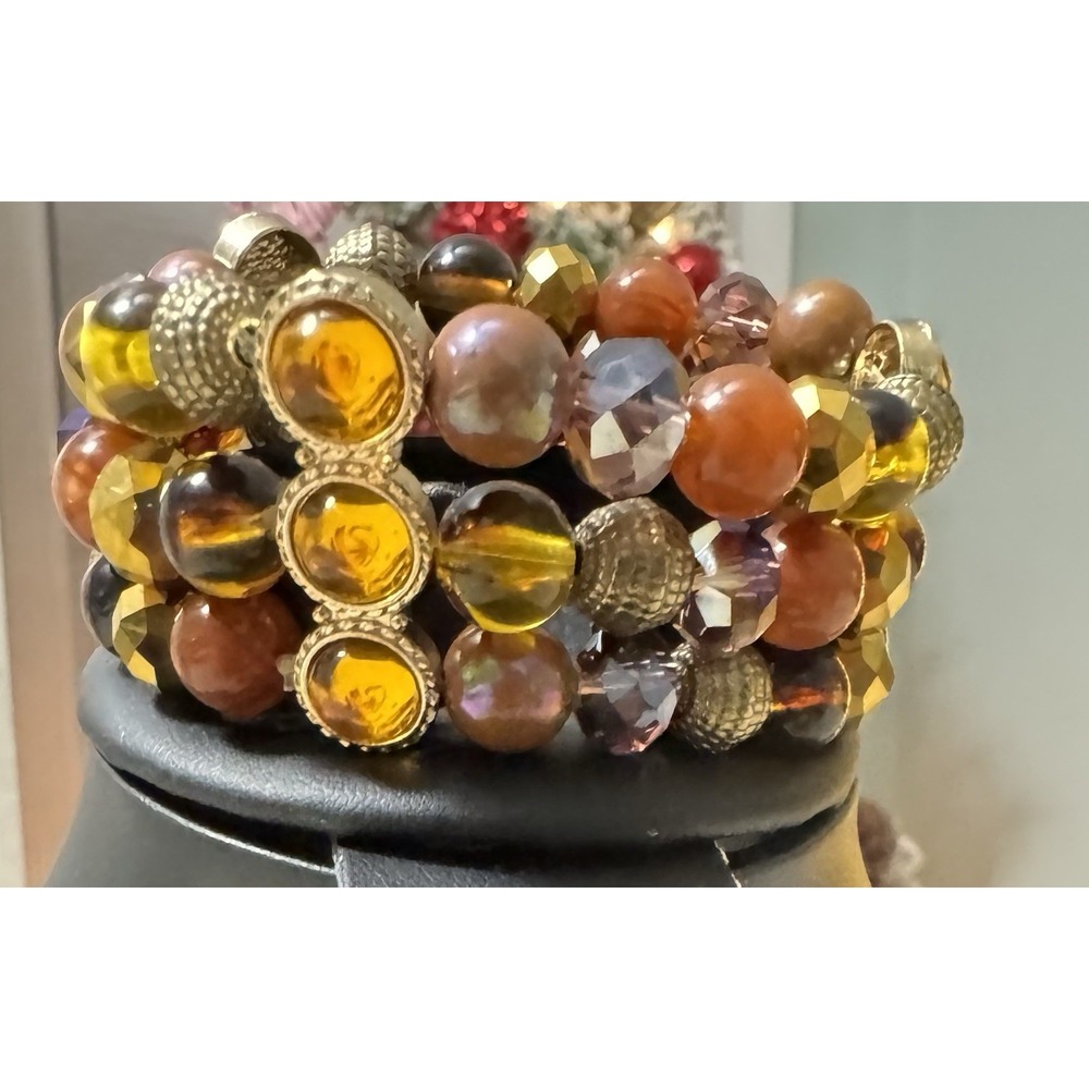 Vintage Stretch Bracelet Amber Glass Beads Gold Tone Boho Statement Chunky‎